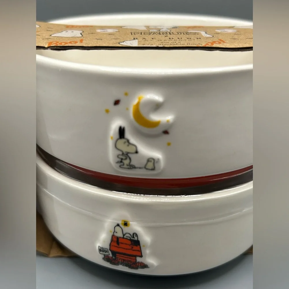 Rae Dunn Peanuts Snoopy Halloween Pet Bowl Set SCARY NIGHT NEW
